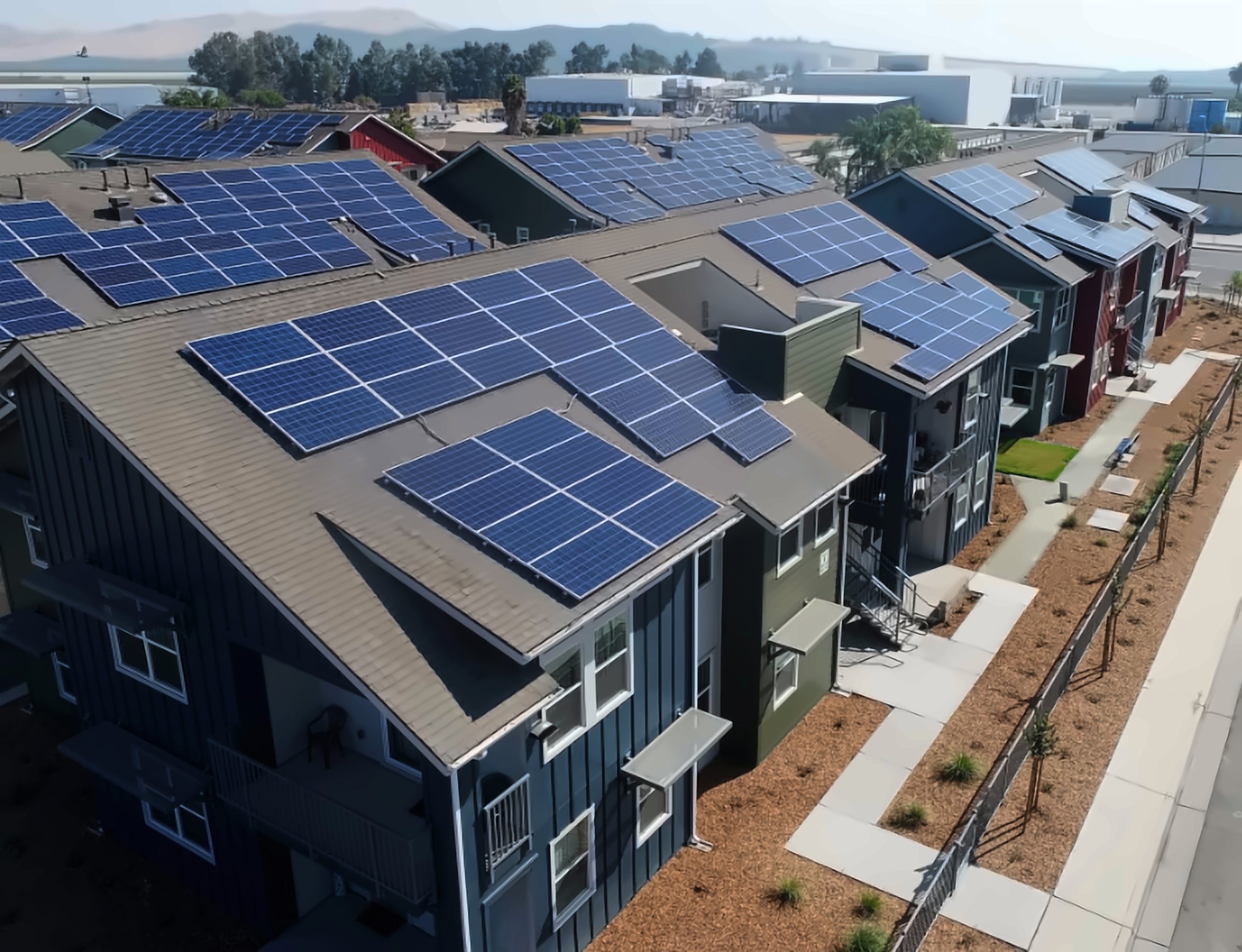 Townhomes with rooftop solar panels